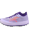 Purple and white running shoe with orange accents on a light gray background