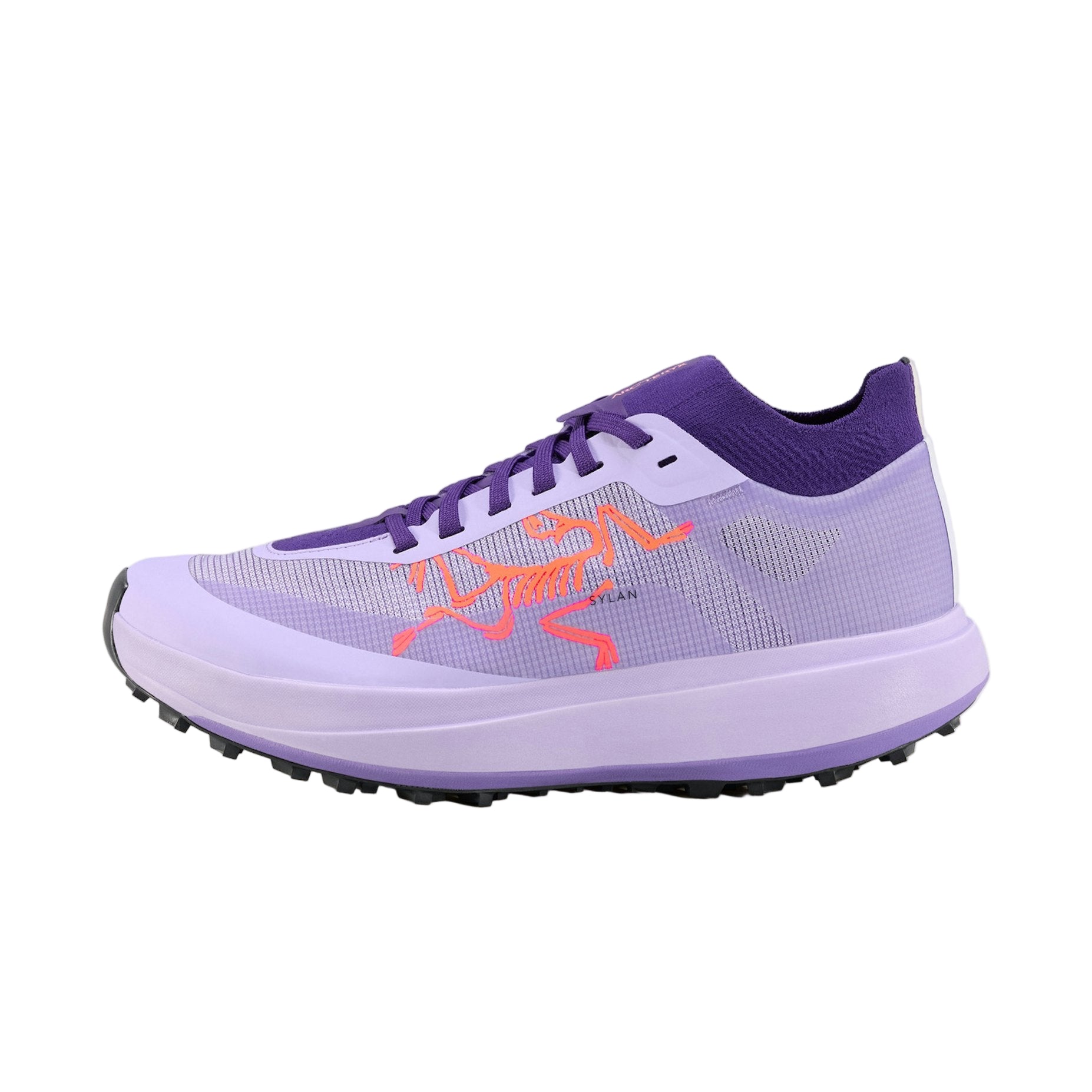 Purple and white running shoe with orange accents on a light gray background