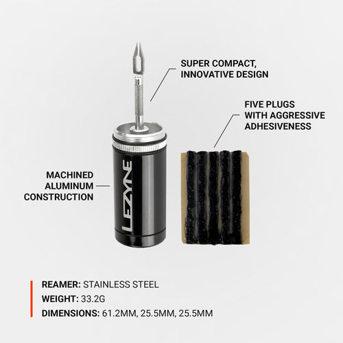 Lezyne, Tubeless Kit, Tubeless repair kit, includes alloy tool and 5 plugs.